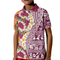 Hawaiian Plumeria Lei Kid Polo Shirt Kakau Motifs and Palaka Half Style Pink Color LT03 Kid Pink - Polynesian Pride