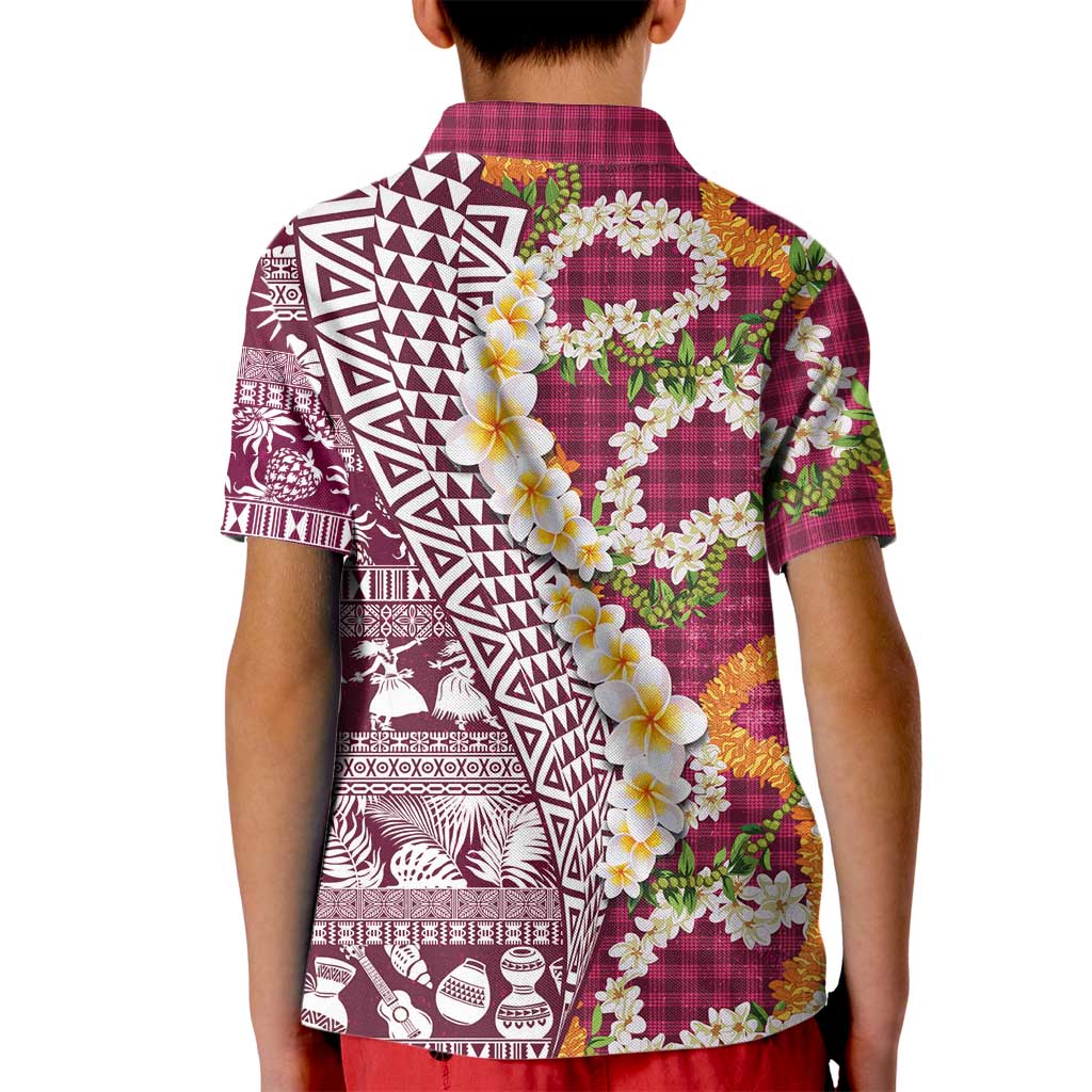 Hawaiian Plumeria Lei Kid Polo Shirt Kakau Motifs and Palaka Half Style Pink Color LT03 - Polynesian Pride
