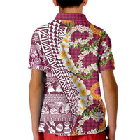Hawaiian Plumeria Lei Kid Polo Shirt Kakau Motifs and Palaka Half Style Pink Color LT03 - Polynesian Pride