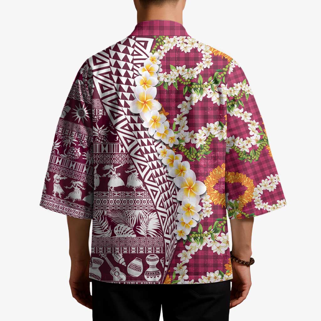 Hawaiian Plumeria Lei Kimono Kakau Motifs and Palaka Half Style Pink Color - Polynesian Pride