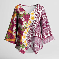 Hawaiian Plumeria Lei Kimono Sleeve Blouse Kakau Motifs and Palaka Half Style Pink Color - Polynesian Pride