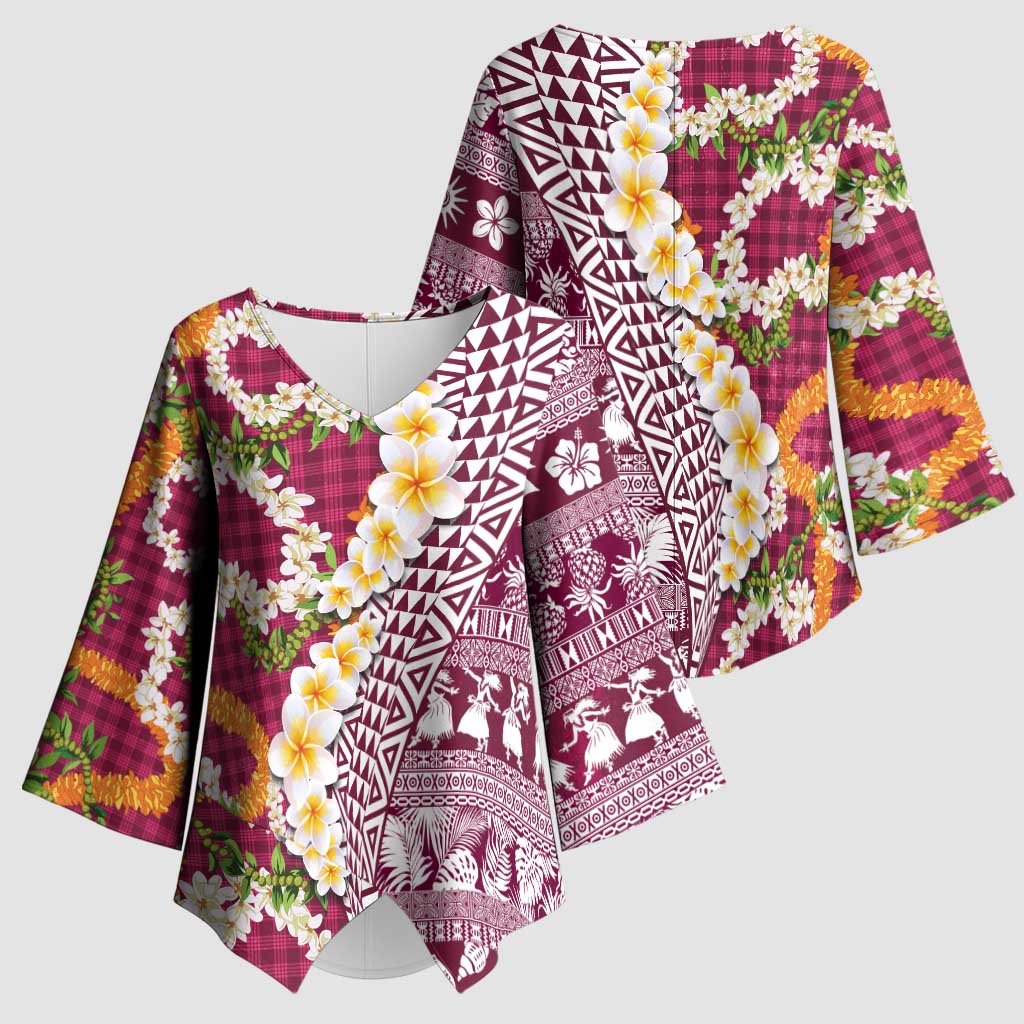 Hawaiian Plumeria Lei Kimono Sleeve Blouse Kakau Motifs and Palaka Half Style Pink Color - Polynesian Pride