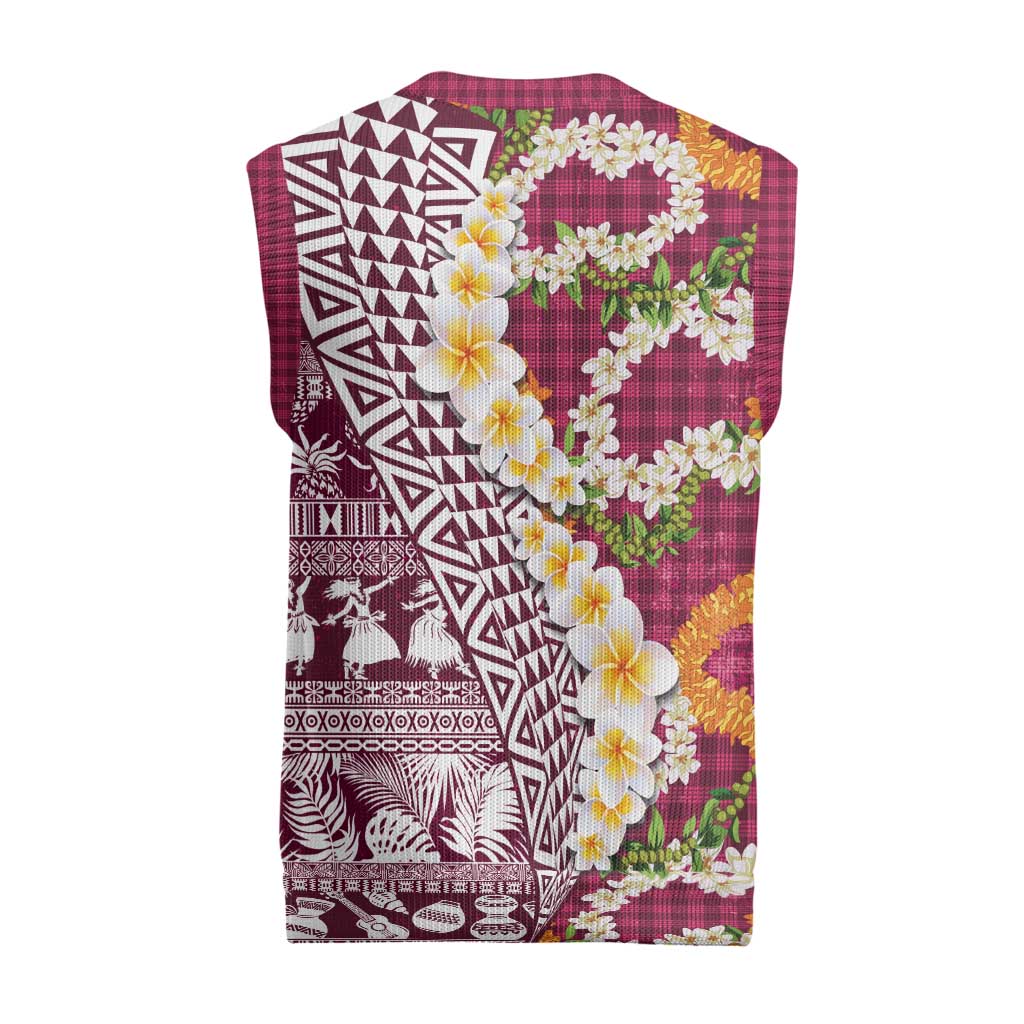 Hawaiian Plumeria Lei Christmas Knitted V-Neck Vest Kakau Motifs and Palaka Half Style Pink Color LT03 - Polynesian Pride