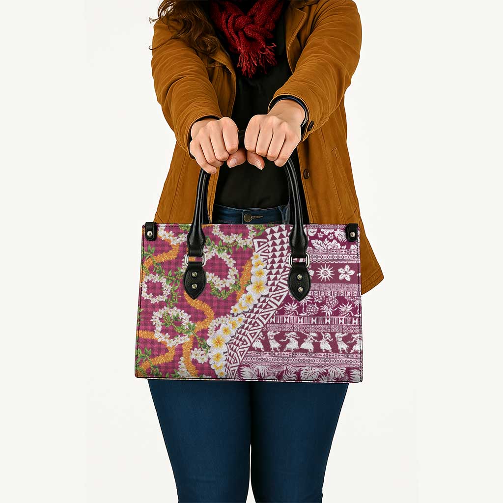 Hawaiian Plumeria Lei Leather Bag Kakau Motifs and Palaka Half Style Pink Color - Polynesian Pride