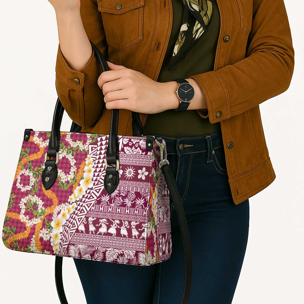 Hawaiian Plumeria Lei Leather Bag Kakau Motifs and Palaka Half Style Pink Color - Polynesian Pride