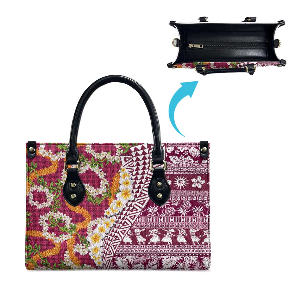 Hawaiian Plumeria Lei Leather Bag Kakau Motifs and Palaka Half Style Pink Color - Polynesian Pride