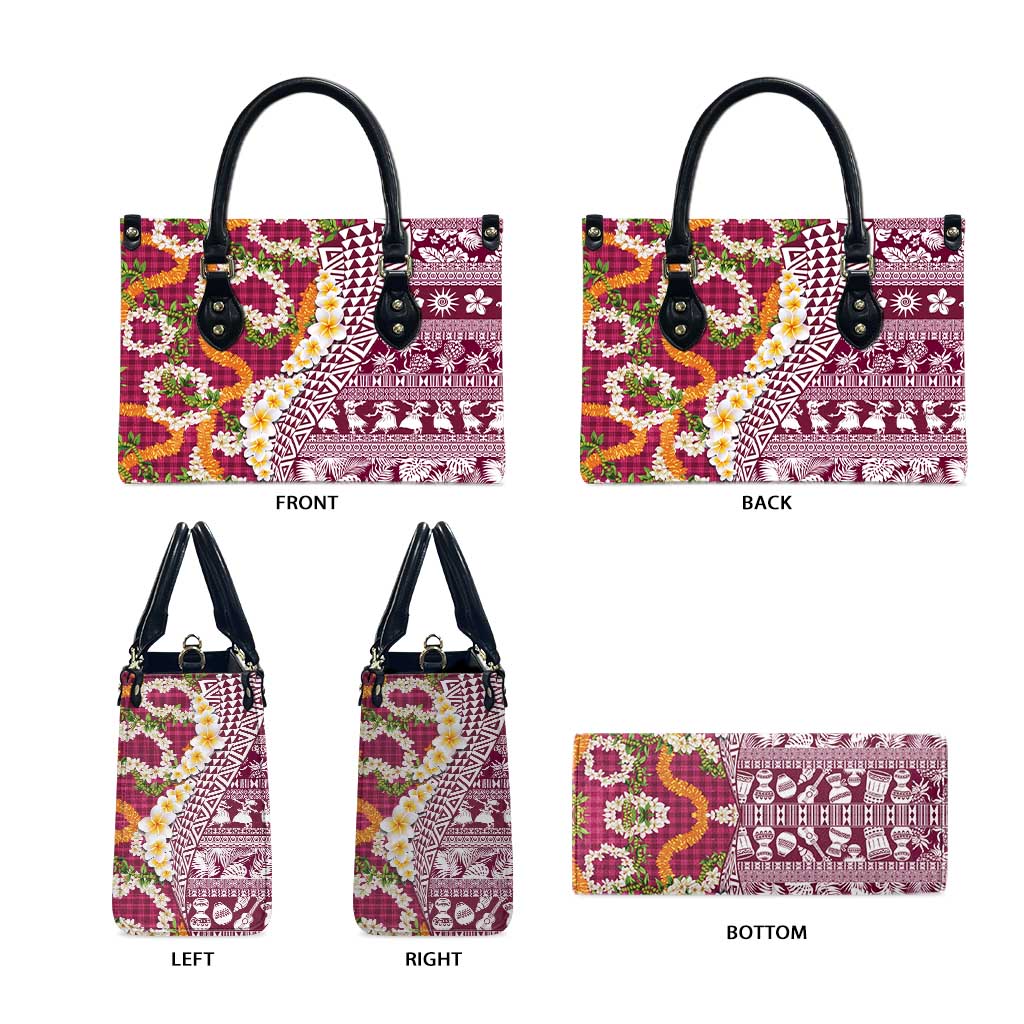 Hawaiian Plumeria Lei Leather Bag Kakau Motifs and Palaka Half Style Pink Color - Polynesian Pride