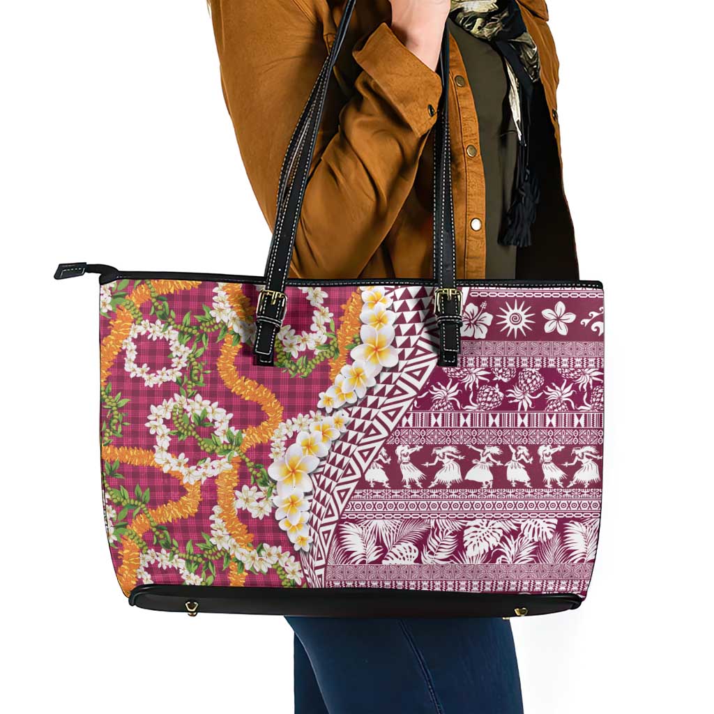 Hawaiian Plumeria Lei Leather Tote Bag Kakau Motifs and Palaka Half Style Pink Color - Polynesian Pride
