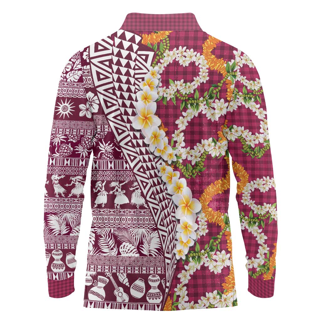 Hawaiian Plumeria Lei Long Sleeve Polo Shirt Kakau Motifs and Palaka Half Style Pink Color LT03 - Polynesian Pride
