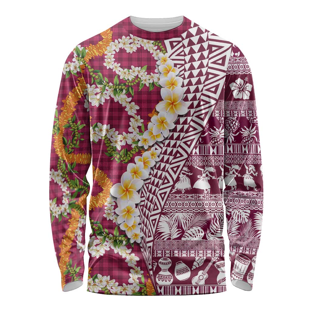 Hawaiian Plumeria Lei Long Sleeve Shirt Kakau Motifs and Palaka Half Style Pink Color - Polynesian Pride