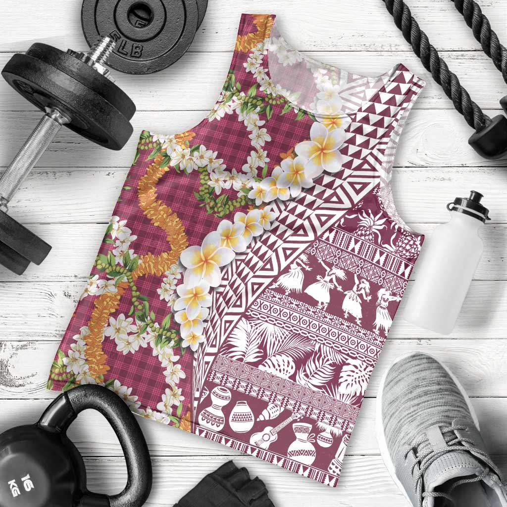 Hawaiian Plumeria Lei Men Tank Top Kakau Motifs and Palaka Half Style Pink Color - Polynesian Pride