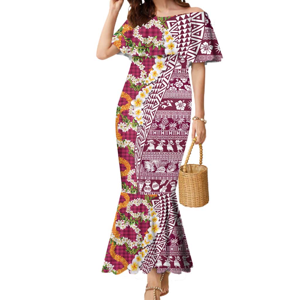 Hawaiian Plumeria Lei Mermaid Dress Kakau Motifs and Palaka Half Style Pink Color LT03 Women Pink - Polynesian Pride