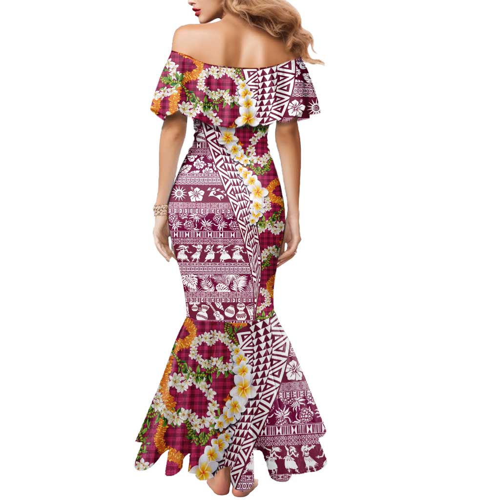 Hawaiian Plumeria Lei Mermaid Dress Kakau Motifs and Palaka Half Style Pink Color LT03 - Polynesian Pride