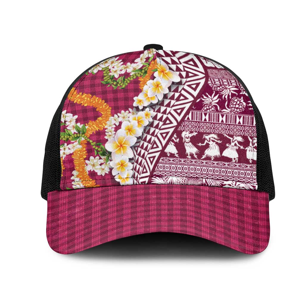 Hawaiian Plumeria Lei Mesh Trucker Cap Kakau Motifs and Palaka Half Style Pink Color - Polynesian Pride
