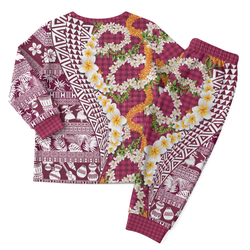 Hawaiian Plumeria Lei Christmas Pajama Set Kakau Motifs and Palaka Half Style Pink Color - Polynesian Pride