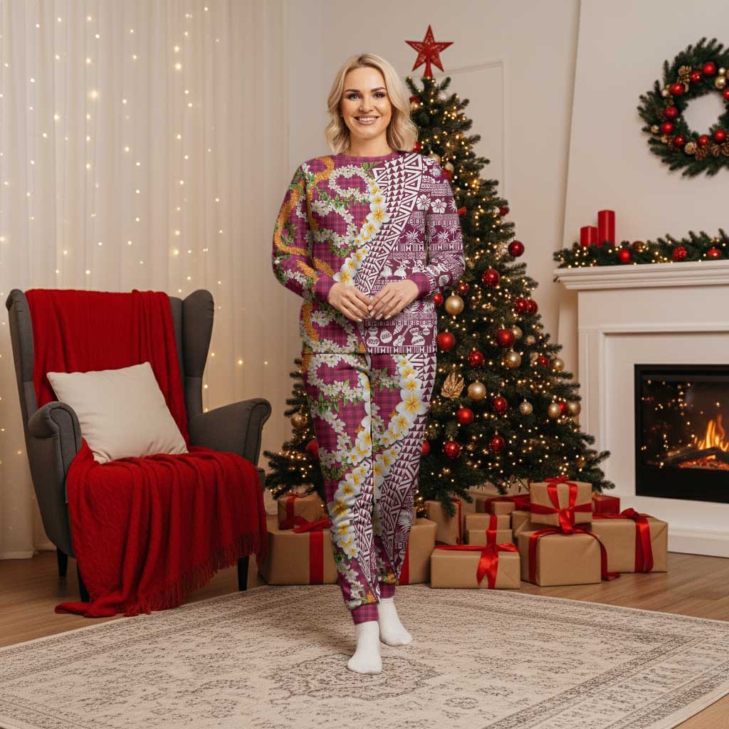 Hawaiian Plumeria Lei Christmas Pajama Set Kakau Motifs and Palaka Half Style Pink Color - Polynesian Pride