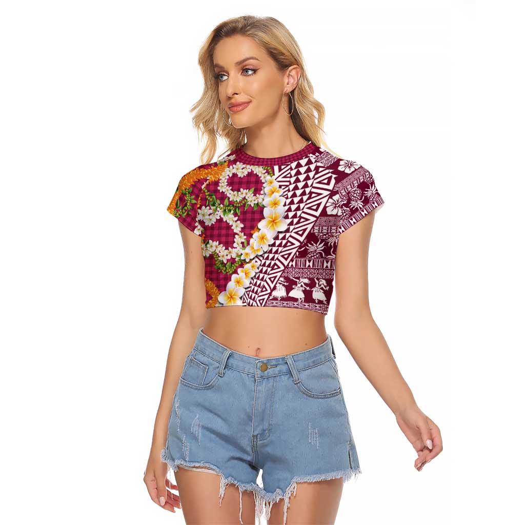 Hawaiian Plumeria Lei Raglan Cropped T Shirt Kakau Motifs and Palaka Half Style Pink Color LT03 Female Pink - Polynesian Pride
