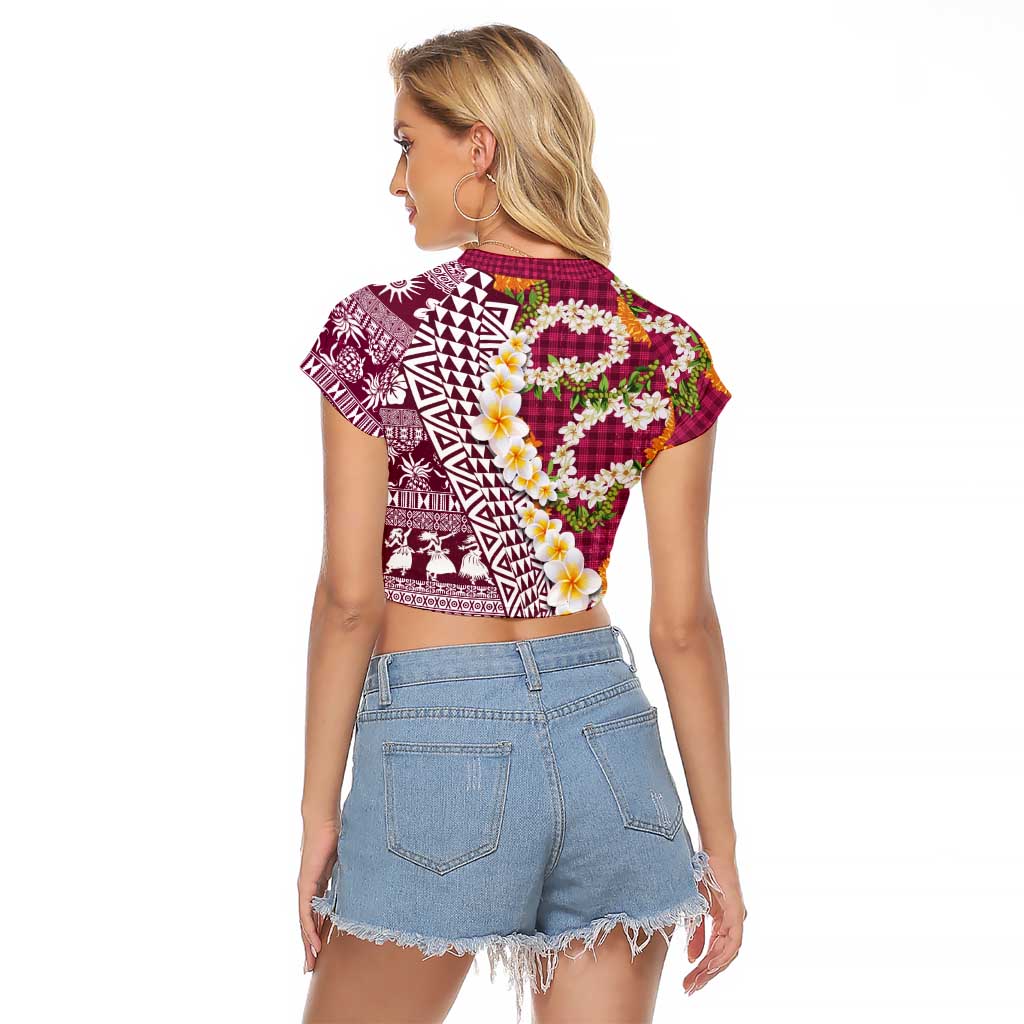 Hawaiian Plumeria Lei Raglan Cropped T Shirt Kakau Motifs and Palaka Half Style Pink Color LT03 - Polynesian Pride