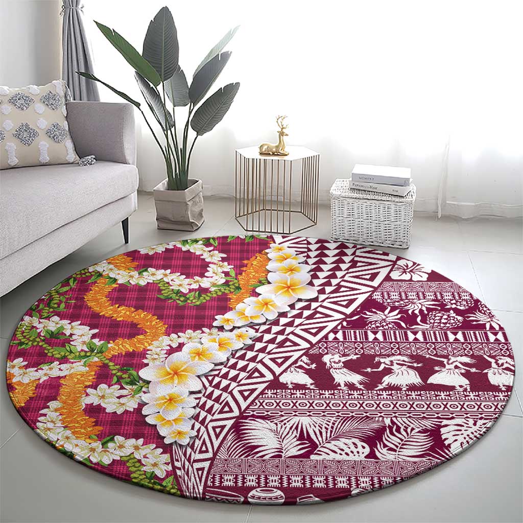Hawaiian Plumeria Lei Round Carpet Kakau Motifs and Palaka Half Style Pink Color - Polynesian Pride