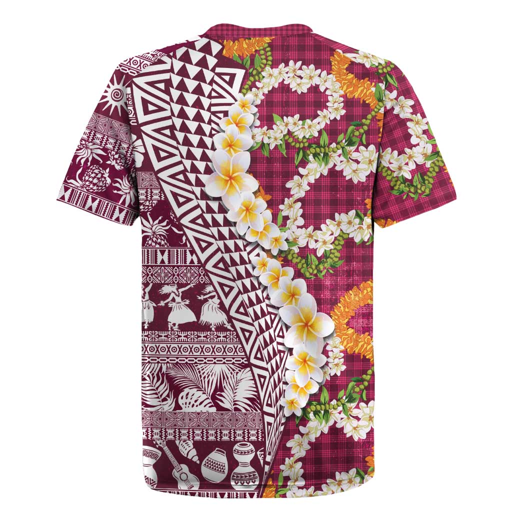 Hawaiian Plumeria Lei Rugby Jersey Kakau Motifs and Palaka Half Style Pink Color - Polynesian Pride