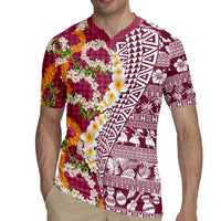 Hawaiian Plumeria Lei Rugby Jersey Kakau Motifs and Palaka Half Style Pink Color - Polynesian Pride