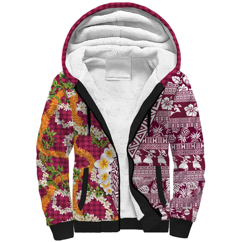 Hawaiian Plumeria Lei Sherpa Hoodie Kakau Motifs and Palaka Half Style Pink Color LT03 Unisex Pink - Polynesian Pride