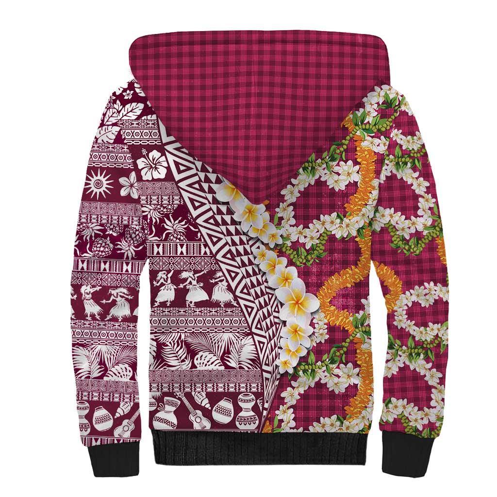 Hawaiian Plumeria Lei Sherpa Hoodie Kakau Motifs and Palaka Half Style Pink Color LT03 - Polynesian Pride