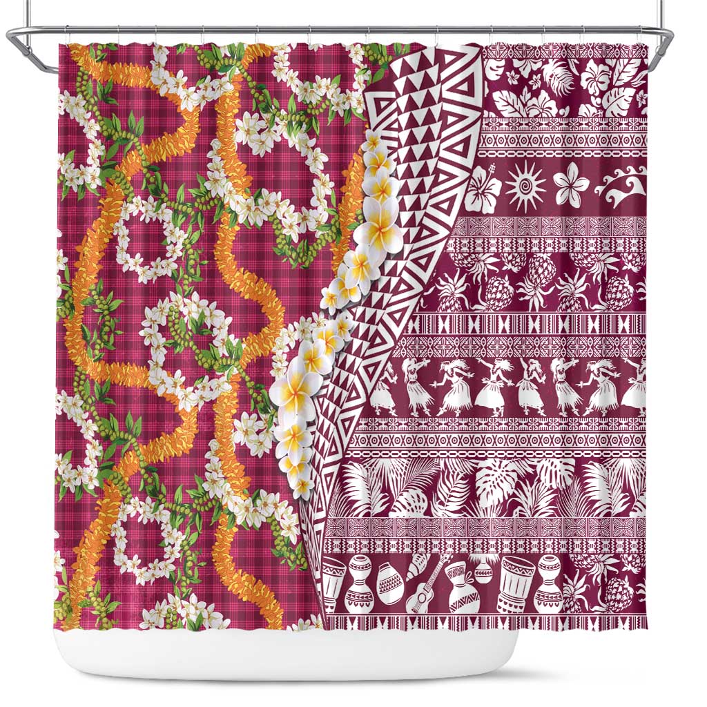 Hawaiian Plumeria Lei Shower Curtain Kakau Motifs and Palaka Half Style Pink Color - Polynesian Pride