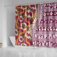 Hawaiian Plumeria Lei Shower Curtain Kakau Motifs and Palaka Half Style Pink Color - Polynesian Pride