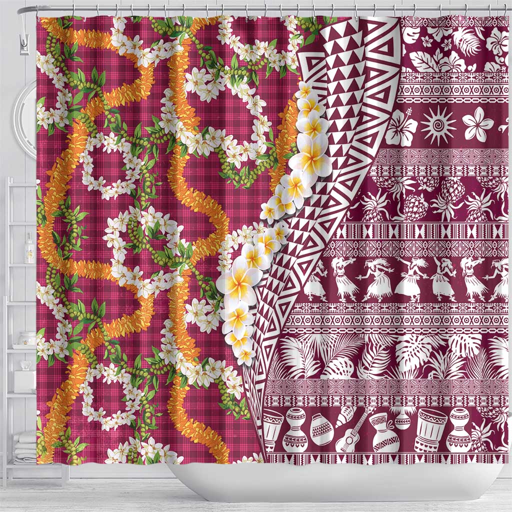 Hawaiian Plumeria Lei Shower Curtain Kakau Motifs and Palaka Half Style Pink Color - Polynesian Pride