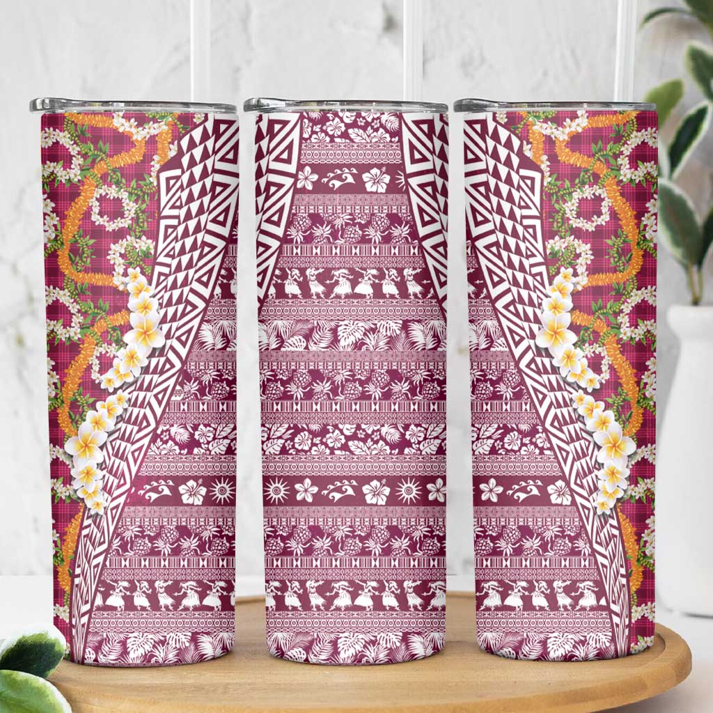 Hawaiian Plumeria Lei Skinny Tumbler Kakau Motifs and Palaka Half Style Pink Color LT03 - Polynesian Pride