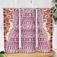 Hawaiian Plumeria Lei Skinny Tumbler Kakau Motifs and Palaka Half Style Pink Color LT03 - Polynesian Pride