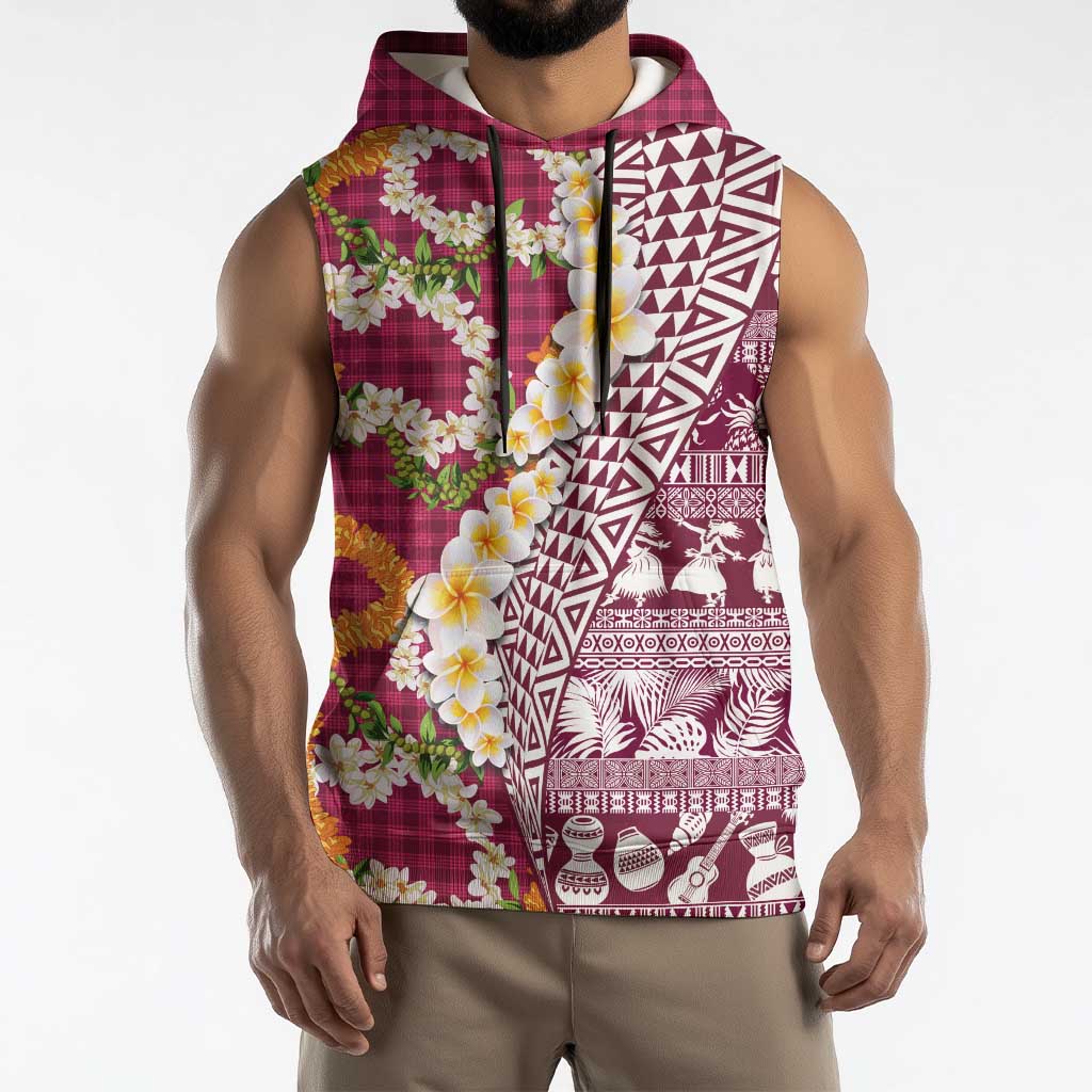 Hawaiian Plumeria Lei Sleeveless Hoodie Kakau Motifs and Palaka Half Style Pink Color LT03 - Polynesian Pride