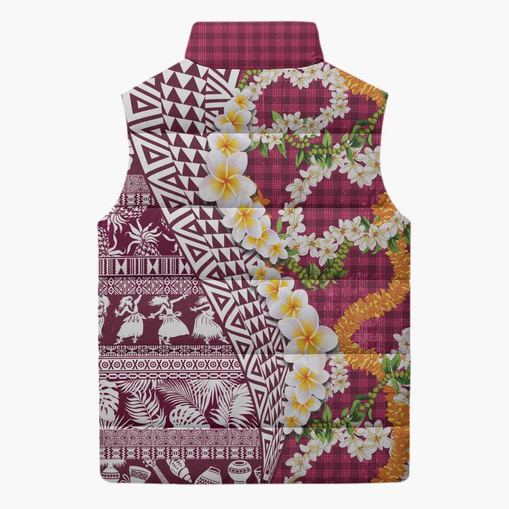 Hawaiian Plumeria Lei Sleeveless Puffer Jacket Kakau Motifs and Palaka Half Style Pink Color - Polynesian Pride