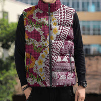 Hawaiian Plumeria Lei Sleeveless Puffer Jacket Kakau Motifs and Palaka Half Style Pink Color - Polynesian Pride