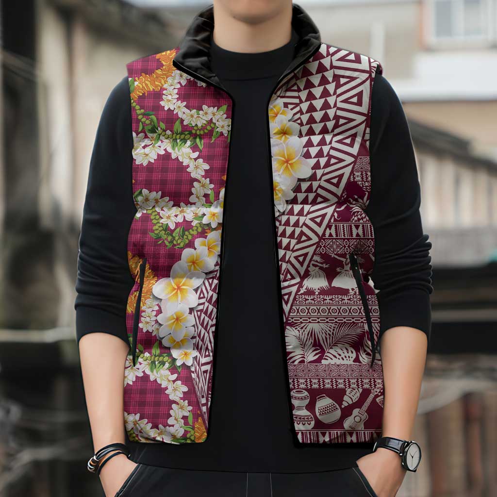 Hawaiian Plumeria Lei Sleeveless Puffer Jacket Kakau Motifs and Palaka Half Style Pink Color - Polynesian Pride