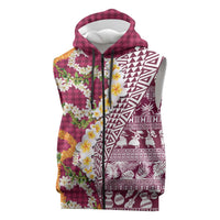 Hawaiian Plumeria Lei Sleeveless Zip Hoodie Kakau Motifs and Palaka Half Style Pink Color LT03 Pink - Polynesian Pride