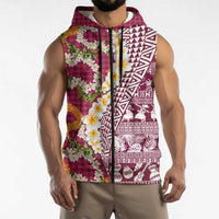 Hawaiian Plumeria Lei Sleeveless Zip Hoodie Kakau Motifs and Palaka Half Style Pink Color LT03 - Polynesian Pride