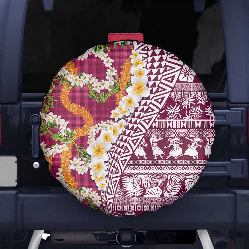 Hawaiian Plumeria Lei Spare Tire Cover Kakau Motifs and Palaka Half Style Pink Color LT03 No hole Pink - Polynesian Pride