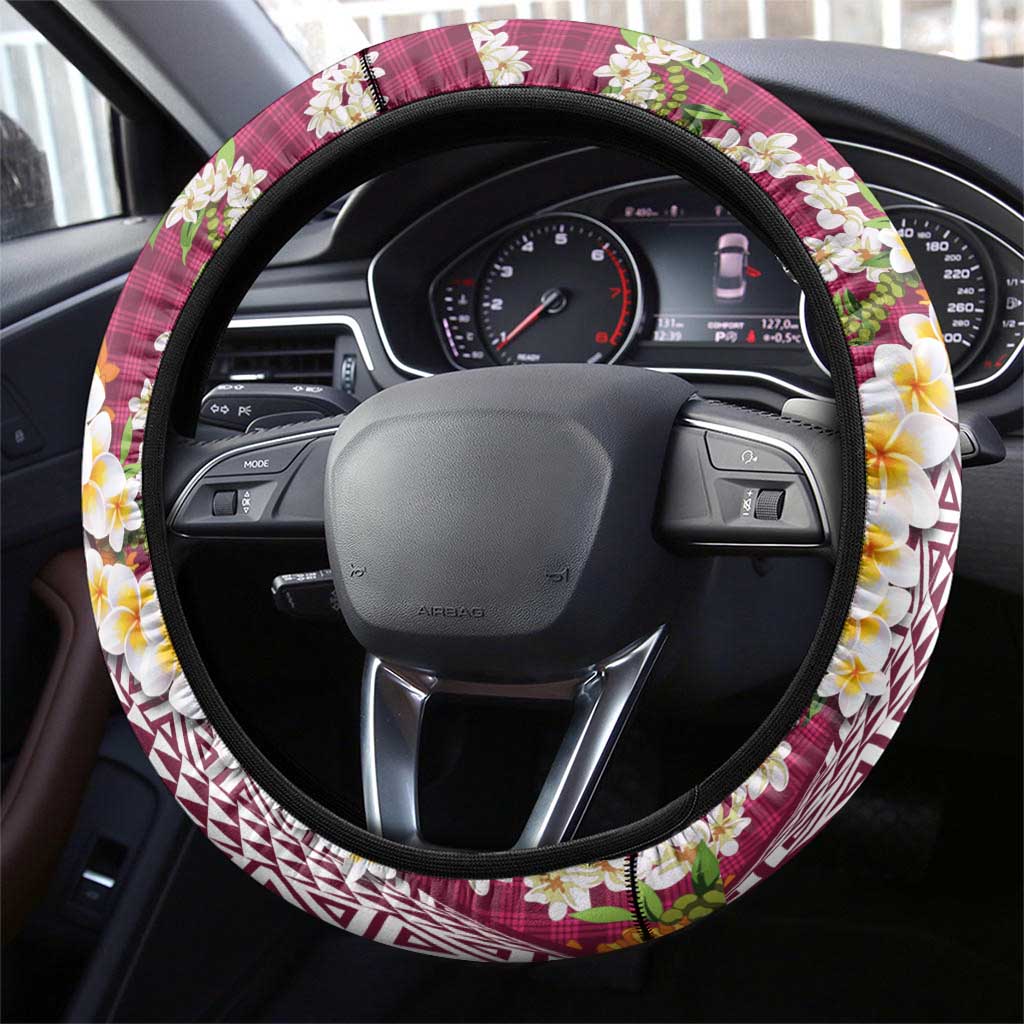 Hawaiian Plumeria Lei Steering Wheel Cover Kakau Motifs and Palaka Half Style Pink Color - Polynesian Pride