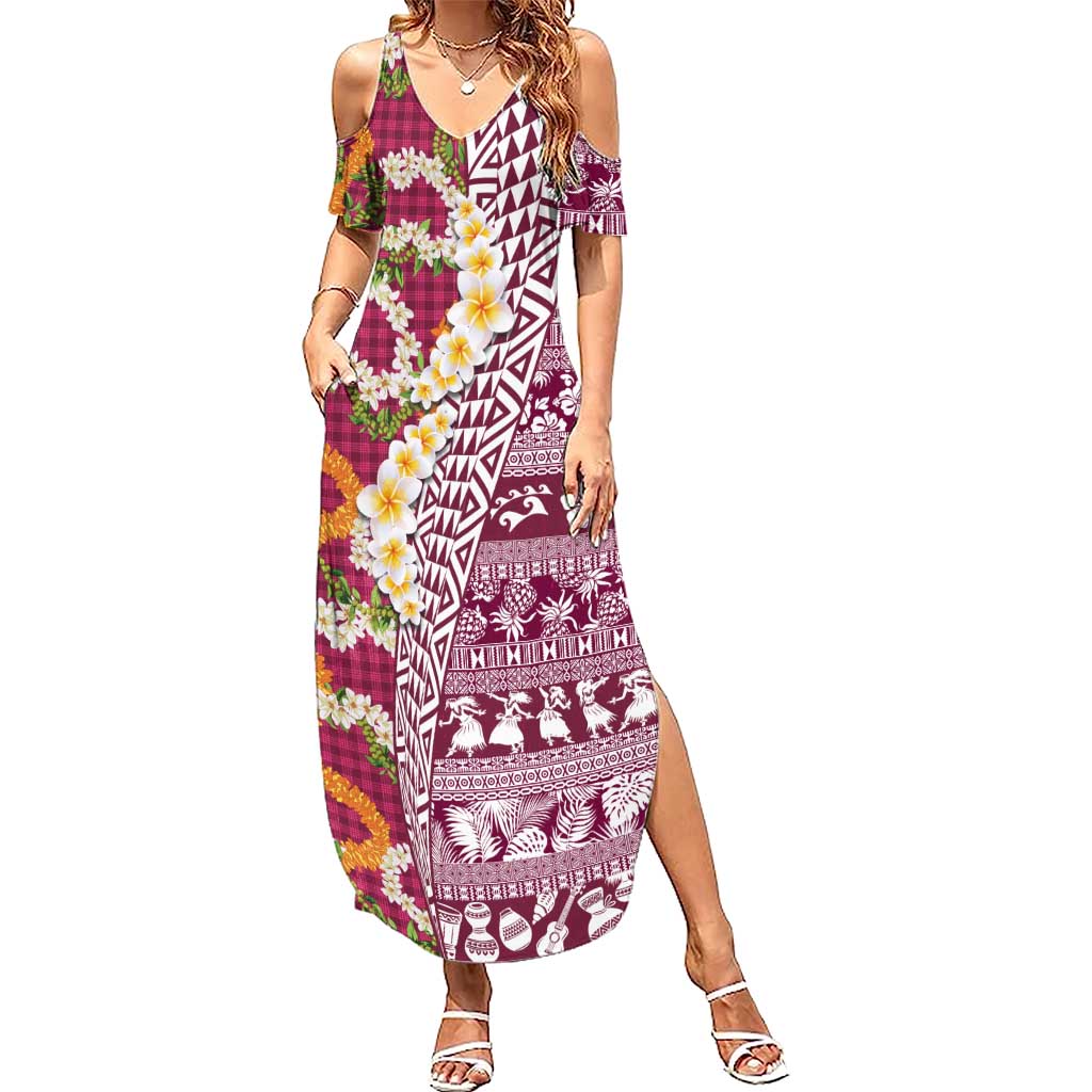 Hawaiian Plumeria Lei Summer Maxi Dress Kakau Motifs and Palaka Half Style Pink Color - Polynesian Pride