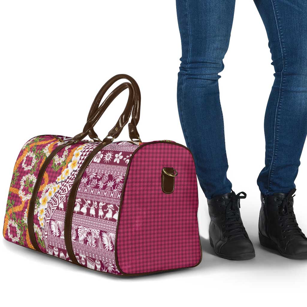 Hawaiian Plumeria Lei Travel Bag Kakau Motifs and Palaka Half Style Pink Color - Polynesian Pride