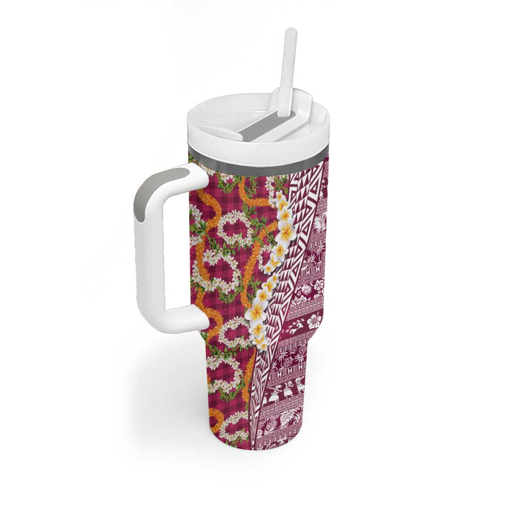 Hawaiian Plumeria Lei Tumbler With Handle Kakau Motifs and Palaka Half Style Pink Color - Polynesian Pride