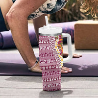 Hawaiian Plumeria Lei Tumbler With Handle Kakau Motifs and Palaka Half Style Pink Color - Polynesian Pride
