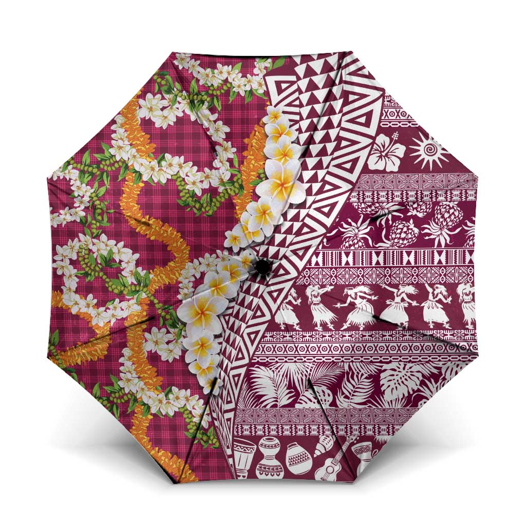 Hawaiian Plumeria Lei Umbrella Kakau Motifs and Palaka Half Style Pink Color LT03 One Size Folded 11.42 inch Opened Diameter 37.4 inch Pink - Polynesian Pride