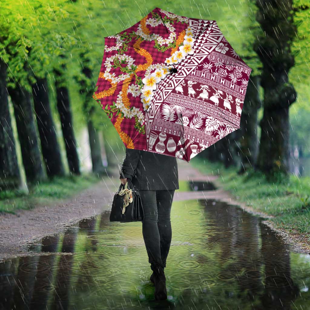 Hawaiian Plumeria Lei Umbrella Kakau Motifs and Palaka Half Style Pink Color LT03 - Polynesian Pride