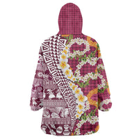Hawaiian Plumeria Lei Wearable Blanket Hoodie Kakau Motifs and Palaka Half Style Pink Color LT03 - Polynesian Pride