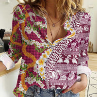 Hawaiian Plumeria Lei Women Casual Shirt Kakau Motifs and Palaka Half Style Pink Color LT03 Female Pink - Polynesian Pride