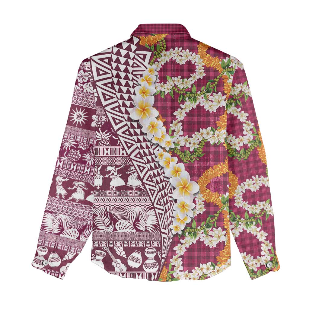 Hawaiian Plumeria Lei Women Casual Shirt Kakau Motifs and Palaka Half Style Pink Color LT03 - Polynesian Pride