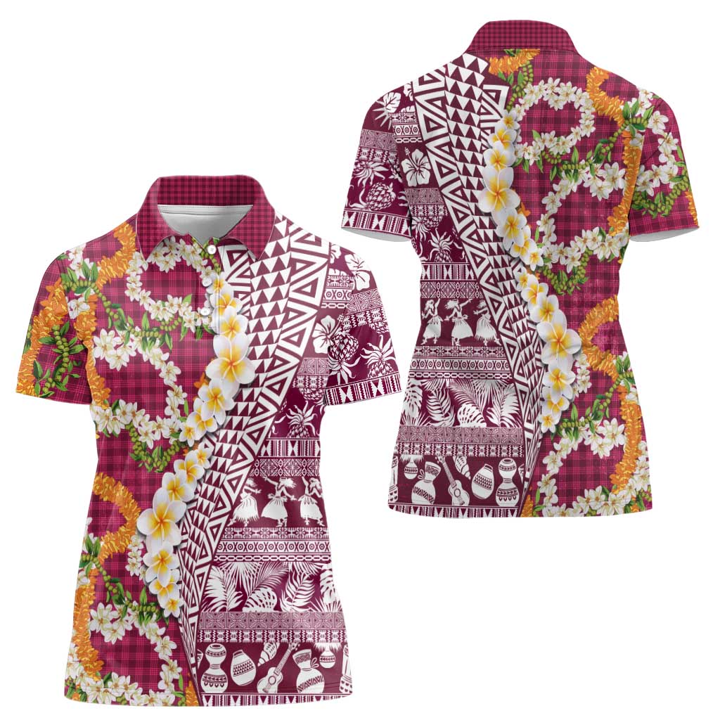 Hawaiian Plumeria Lei Women Polo Shirt Kakau Motifs and Palaka Half Style Pink Color LT03 - Polynesian Pride